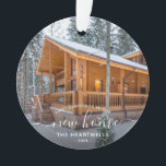 Photo First Christmas New Home White Script 2024 Ornament<br><div class="desc">Commemorate your first Christmas in your new home with this beautiful modern keepsake ornament. The white text reads "First Christmas in our new home, " with the words "new home" in elegant handwriting script with flourishes before and after. Replace the sample image with a photo of your new house and...</div>