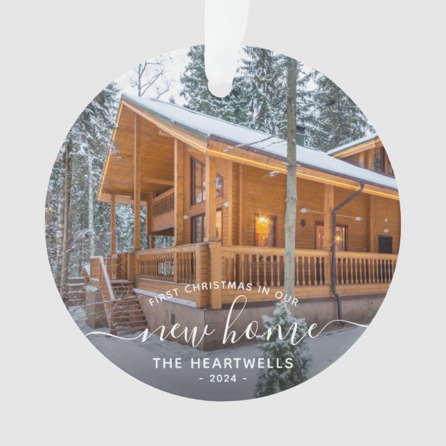 Photo First Christmas New Home White Script 2024 Ornament (Front)