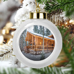 Photo First Christmas New Home White Script Ceramic Ball Christmas Ornament<br><div class="desc">Commemorate your first Christmas in your new home with this beautiful modern keepsake ornament. The white text reads "First Christmas in our new home, " with the words "new home" in elegant handwriting script with flourishes before and after. Replace the sample image with a photo of your new house and...</div>