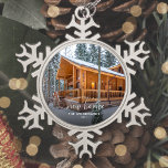 Photo First Christmas New Home White Script Snowflake Pewter Christmas Ornament<br><div class="desc">Commemorate your first Christmas in your new home with this beautiful modern keepsake ornament. The white text reads "First Christmas in our new home, " with the words "new home" in elegant handwriting script with flourishes before and after. Replace the sample image with a photo of your new house and...</div>