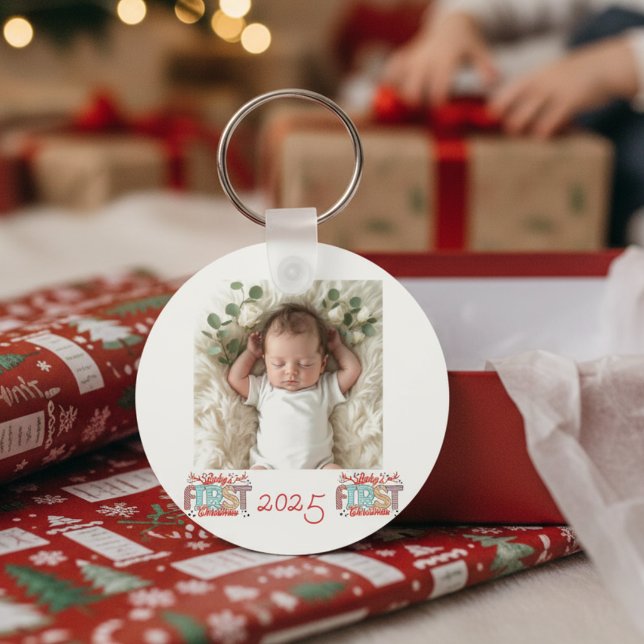 Photo First Christmas Red Personalize Keychain (Creator Uploaded)