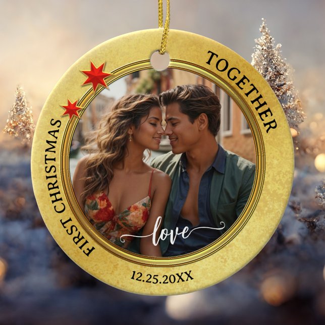 Photo First Christmas Together Gold Star Ceramic Ornament (Christmas ornament featuring your photo framed by an elegant gold metallic design with red stars)