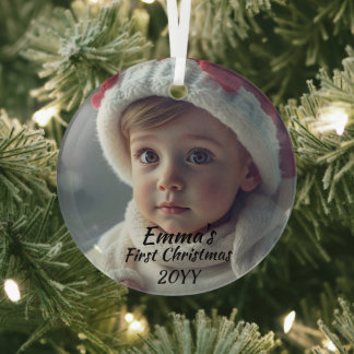 Photo First Christmas White Script Glass Ornament