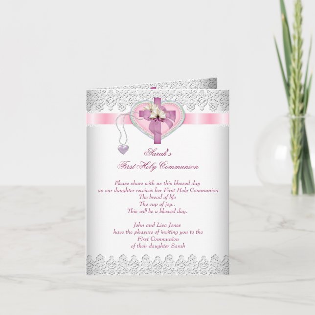 Photo First Holy Communion 1st Cross Girls Pink Invitation (Front)