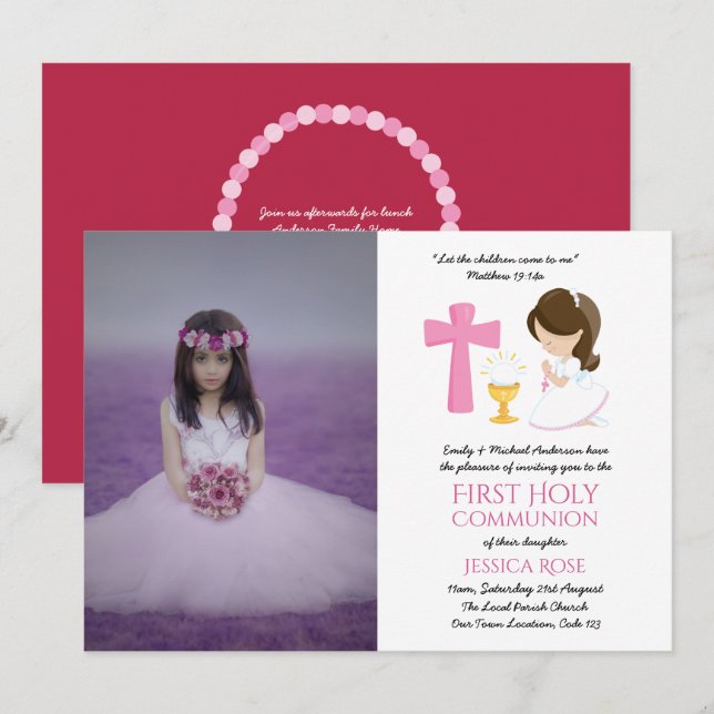 PHOTO First Holy Communion Invitations Girl BRUNET (Devant / Derrière)