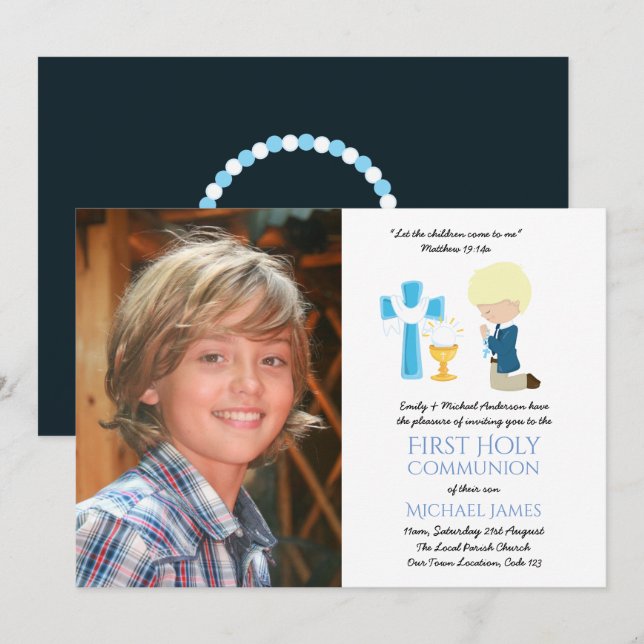PHOTO First Holy Communion Invites BLONDE BOY (Front/Back)
