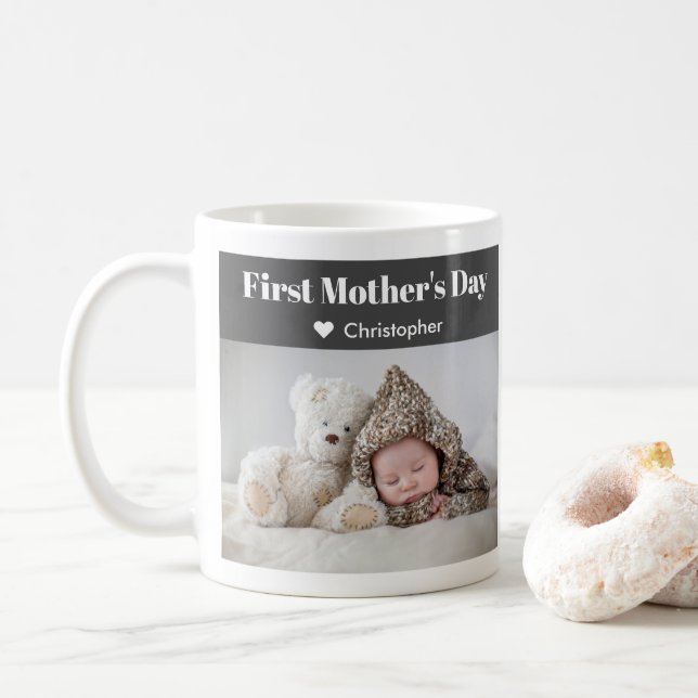 Photo First Mother's Day Modern Mommy Name Cute  Coffee Mug (With Donut)