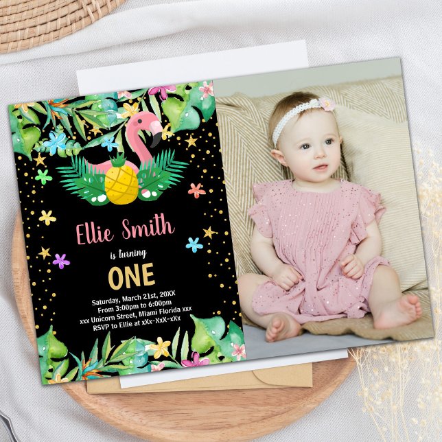 Photo Flamant rose d'ananas noir Invitations d'ann (PhotoBlack Pineapple Flamingo Birthday Invitations)