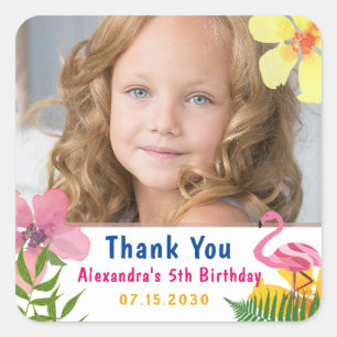 Photo Flamingo Girl Birthday Thank You Square Sticker