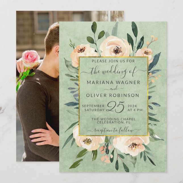 Photo Floral Beige Blush Roses Gold Sage Wedding Invitation (Front/Back)