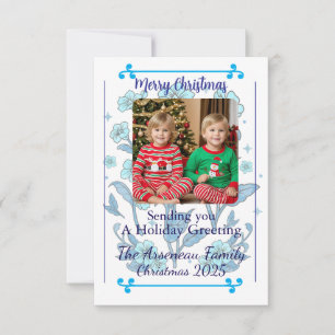 Photo Floral Blue Faded Holiday Card Personalize