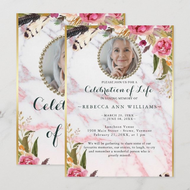 Photo Floral Blush Elegant Celebration of Life Invitation (Front/Back)