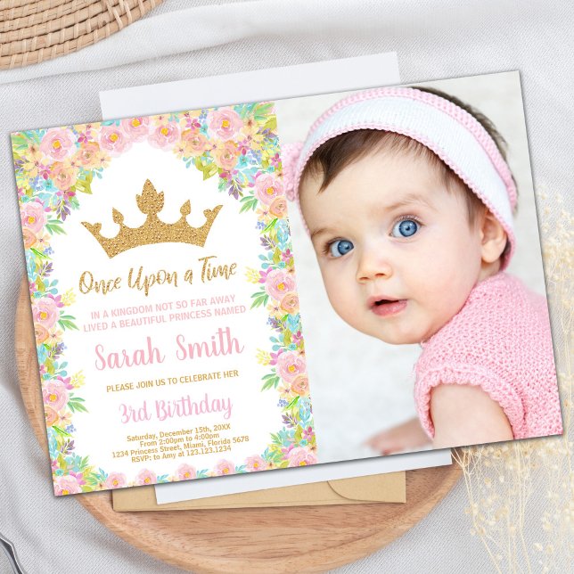 Photo Floral Glitter Crown Princess Birthday Invitation (Photo Floral Glitter Crown Princess Birthday Invitation)