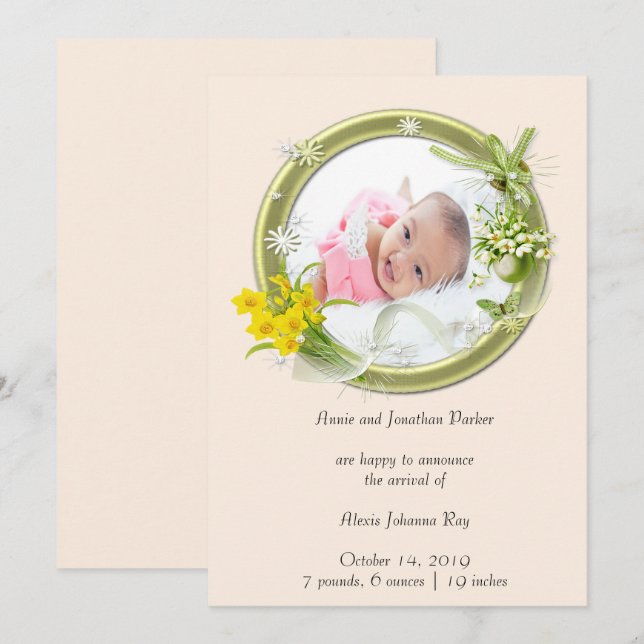 Photo Floral Newborn Birth Announcement (Front/Back)