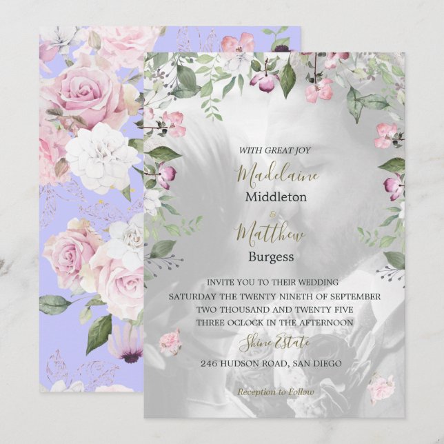 Photo Floral Purple Gold Pink Wedding Invitation (Front/Back)