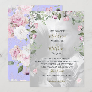 Photo Floral Purple Gold Pink Wedding Invitation