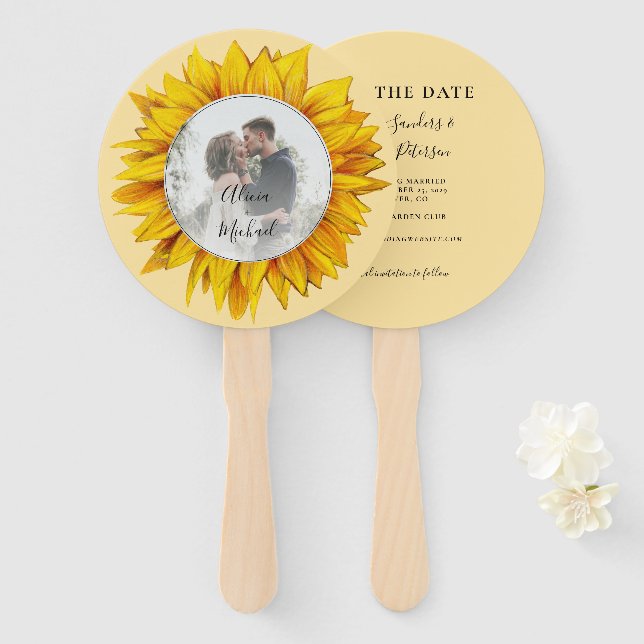 Photo floral rustic chic wedding save the date hand fan (Front and Back)