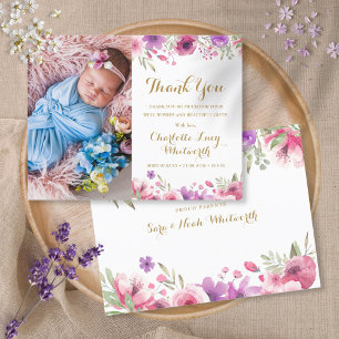 Photo Floral Script Thank You Birth Announcement  Postcard