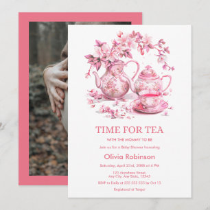 Photo Floral Teapot Time for Tea Baby Shower  Invitation