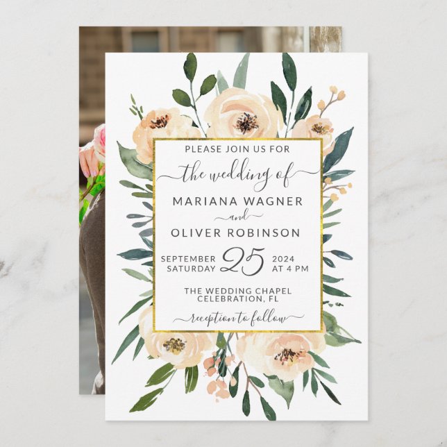 Photo Floral White Wedding Invitation (Front/Back)