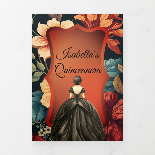 Photo Florale foncée Quinceanera triple invitation (Page de couverture)