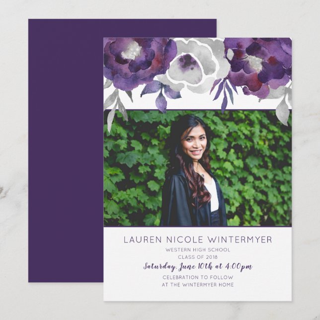 Photo florale mauve tendance Invitations de gradua (Devant / Derrière)
