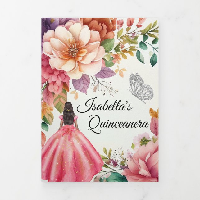 Photo Florale Quinceanera Triplé Invitation (Page de couverture)