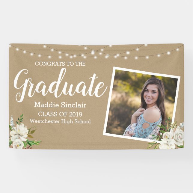 Photo Flowers String Lights Tan Graduation Banner (Horizontal)