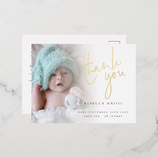 Photo Foil Script Thank You BIrth Announcement (Front/Back)