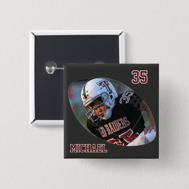Photo Football - Dark Red - Personalized 2 Inch Square Button (Front & Back)