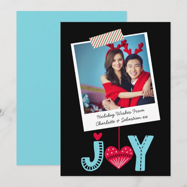 Photo Frame And Tape Christmas Joy Heart Holiday Card (Front/Back)