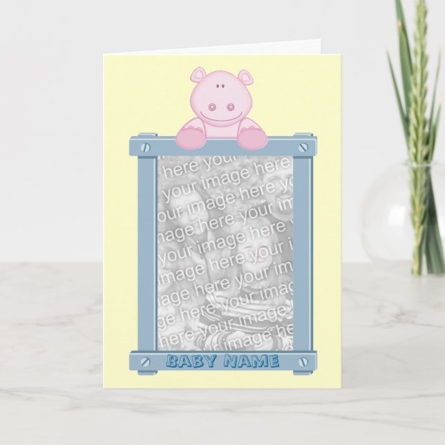 Photo Frame Birth Announcement with Hippo (Front)