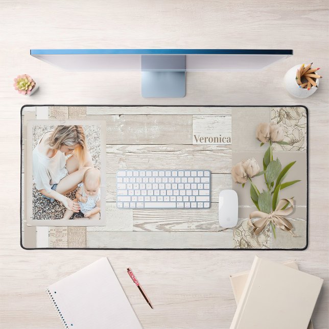 Photo Frame & Ribbon Wrapped Flowers on White Wood Desk Mat (Creator Uploaded)