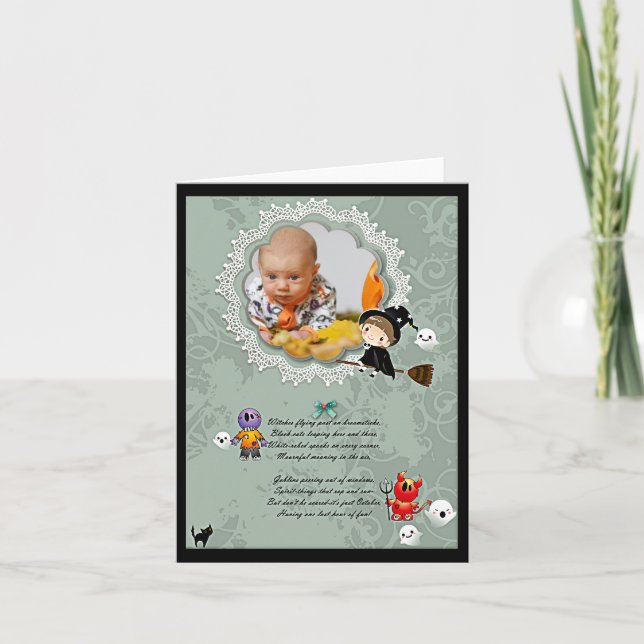 Photo Frame with Witch, Monsters, Ghost, Cat Card (Front)
