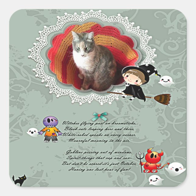 Photo Frame with Witch, Monsters, Ghost, Cat Square Sticker (Front)