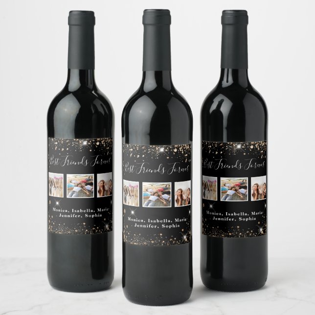 Photo friends forever black gold glitter dust wine label (Bottles)