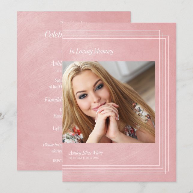 Photo Funéraire Invitation rose Faux effet métalli (Devant / Derrière)