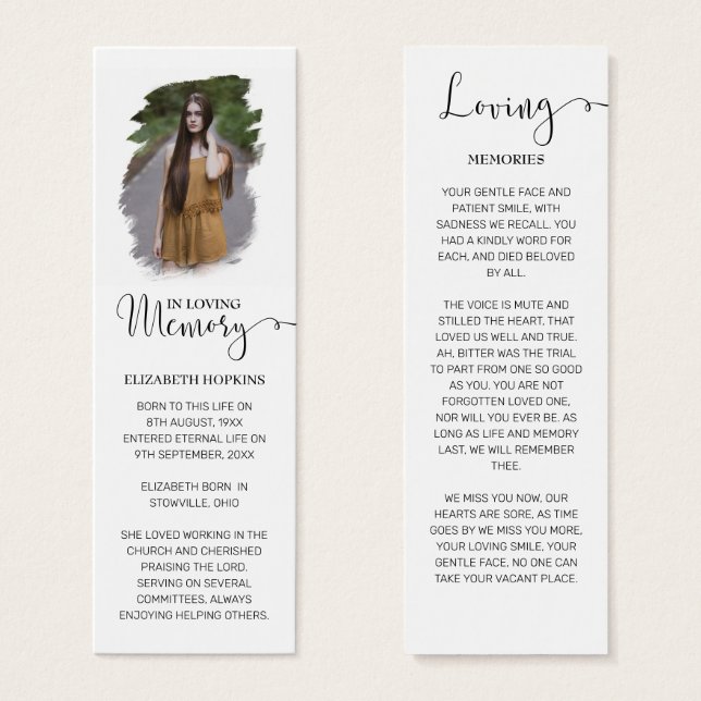 Photo Funeral Memorial Bookmark Card (Front & Back)