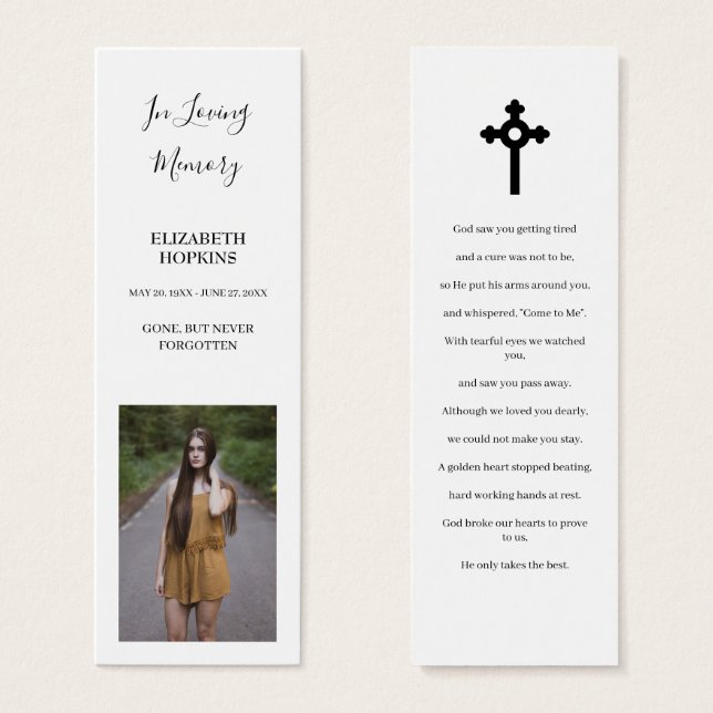 Photo Funeral Memorial Poem Bookmark Card (Front & Back)