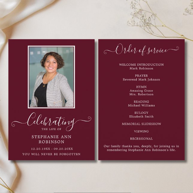 Photo Funeral Modern Order of Service Burgundy  Program (Creator Uploaded)