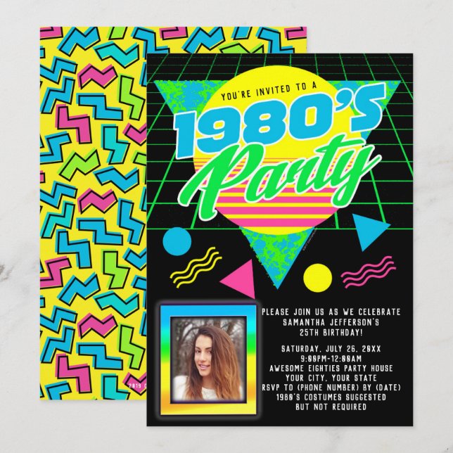 Photo Geometric 1980s Retro 80s Birthday Party Invitation (Front/Back)