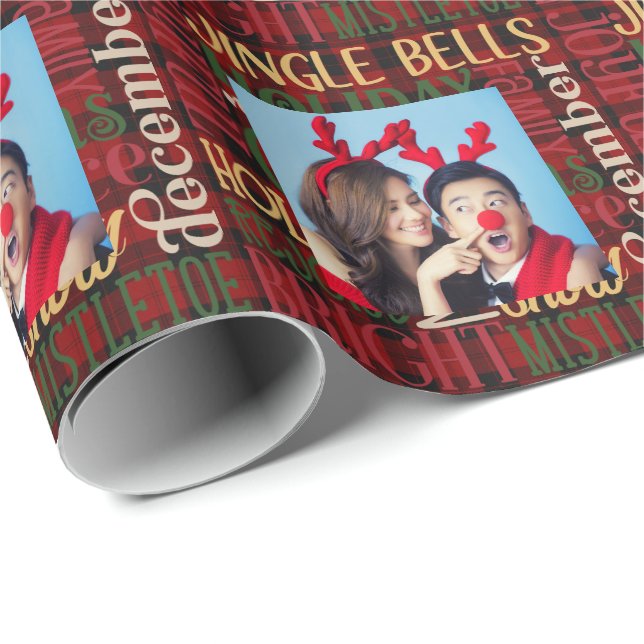 PHOTO Gift Wrap Buffalo Plaid Christmas Phrases (Roll Corner)