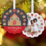 Photo Gingerbread Sweet Holiday Wishes Chalkboard Ornament Card<br><div class="desc">“Sweet Holiday Wishes”. A whimsical gingerbread cookie tree, stars, hearts and candies, and playful script typography, overlay a red panel and chalkboard background. A peppermint candy pattern and the photo of your choice adorn the back. Celebrate with family and friends while you feel the warmth and joy of the holiday...</div>