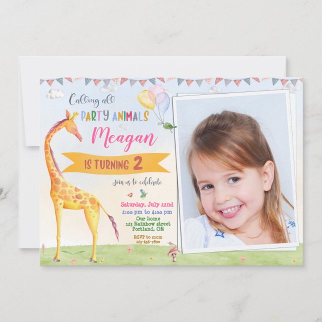 Photo Giraffe birthday invitation Safari jungle (Front)