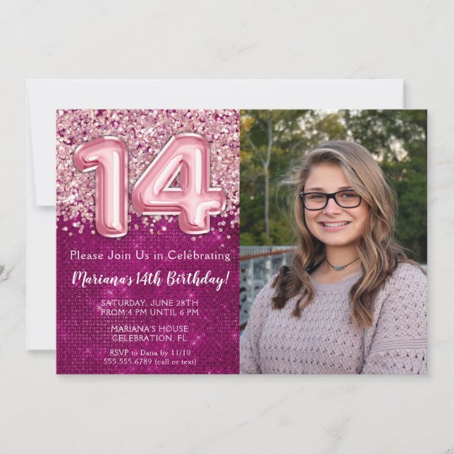 Photo Girl Magenta Pink Glitter 14th Birthday Invitation (Front)