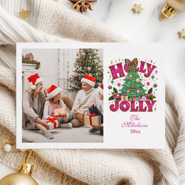 Photo Glitter Leopard Bow Holly Jolly Holiday Card (Creator Uploaded)