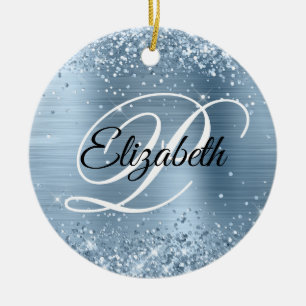 Photo Glittery Light Blue Foil Fancy Monogram Ceramic Ornament