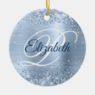 Photo Glittery Pale Dusty Blue Foil Fancy Monogram Ceramic Ornament