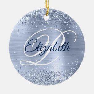 Photo Glittery Pale Metallic Blue Fancy Monogram Ceramic Ornament