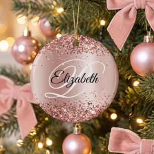 Photo Glittery Rose Gold Shimmer Fancy Monogram Ceramic Ornament